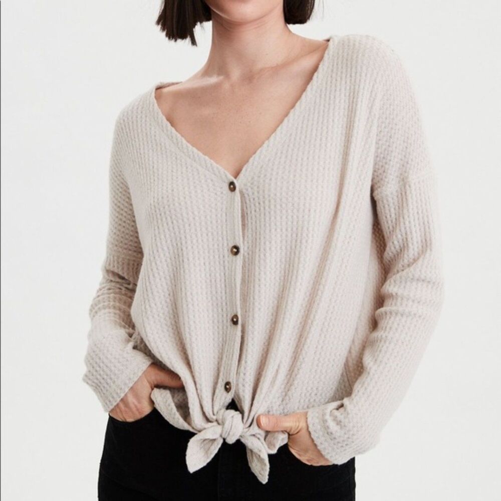 American Eagle Ivory Button Down Flowy Boho Waffle Knit thermal Granola Top S